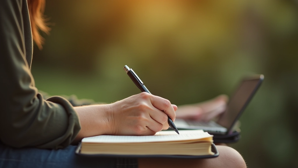 Person schreibt in Notizbuch während der Reflexion