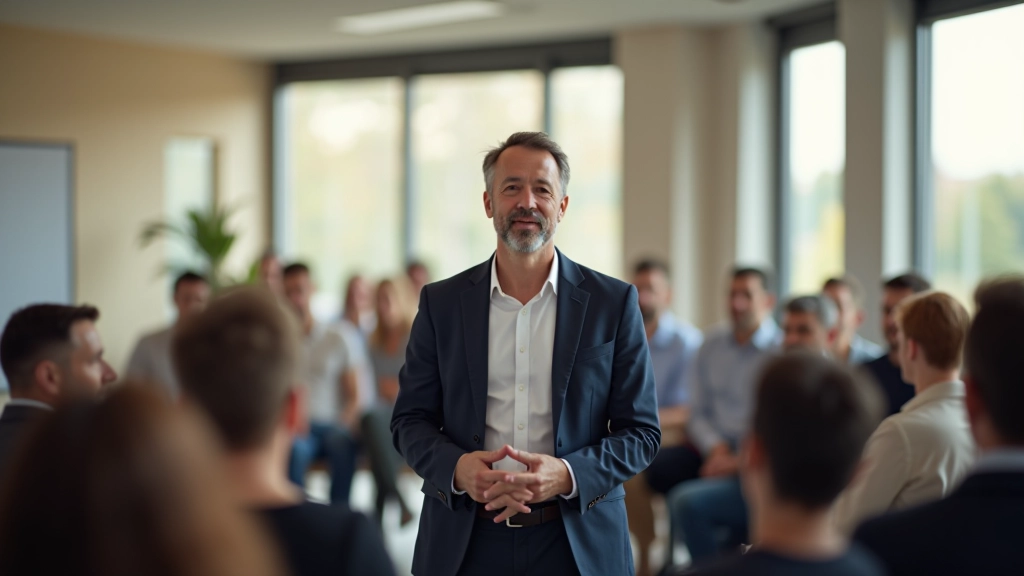 Michael Bergmann bei einem Workshop-Setting, im Gespräch mit Teilnehmern in einer hellen, einladenden Raumgestaltung