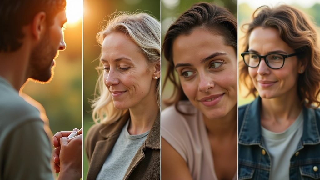 Verschiedene Menschen in unterschiedlichen Szenen: eine beim Malen, eine im Gespräch, eine in der Natur, eine bei der Arbeit mit Fokus