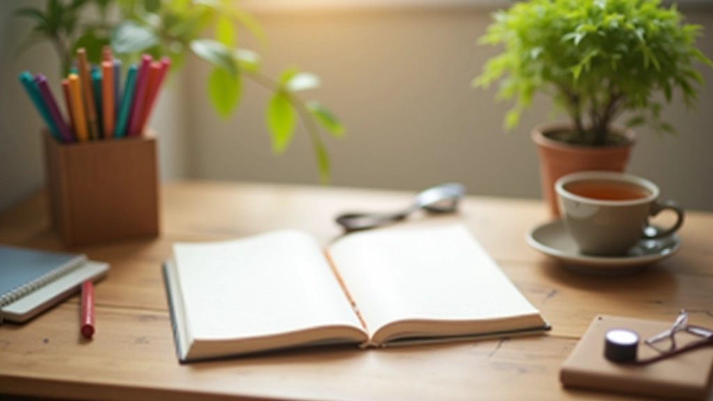 Schreibtisch mit Tagebuch, verschiedenfarbigen Stiften, Tee und Pflanze, gemütliche Arbeitsecke