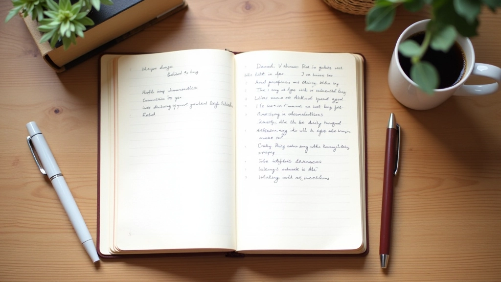 Offenes Notizbuch mit vier Abschnitten beschriftet: Werte, Sinn, Ziele, Verhalten