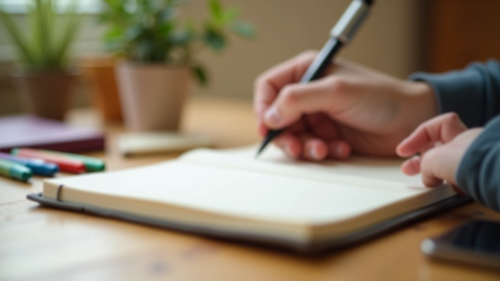 Hand schreibt in Tagebuch, verschiedenfarbige Stifte liegen daneben, natürliches Licht