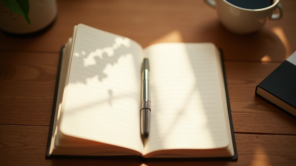 Offenes Notizbuch mit Stift auf Holztisch, Kaffee daneben, warmes Morgenlicht