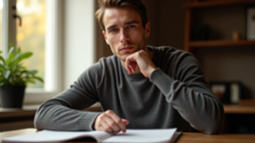 Person sitzt nachdenklich an Schreibtisch mit Notizbuch und Tasse, natürliches Licht von links, warme Atmosphäre