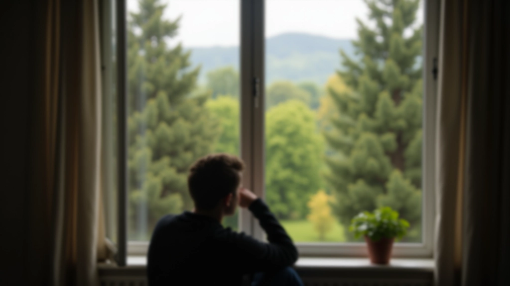 Person sitzt nachdenklich am Fenster, Aussicht auf grüne Landschaft, ruhige Atmosphäre