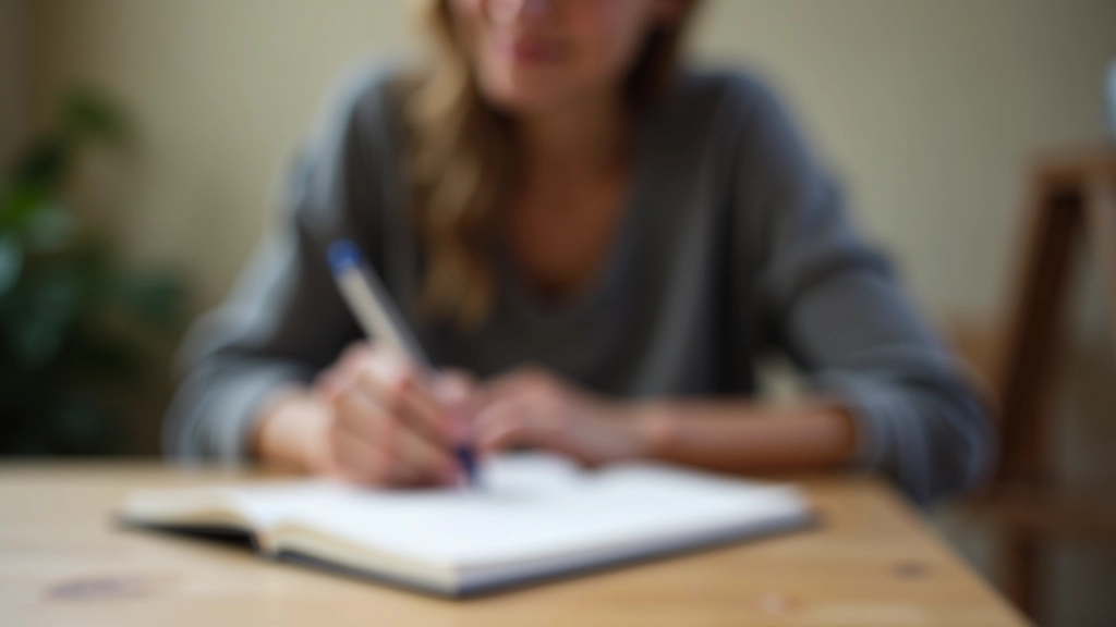 Person sitzt nachdenklich am Schreibtisch mit Tagebuch, konzentrierter Blick, helles Fenster im Hintergrund