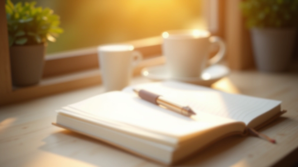 Ruhiger Arbeitsplatz mit Notizbuch, Stift und Kaffeetasse, natürliches Morgenlicht durch Fenster, inspirierendes Umfeld für Reflexion