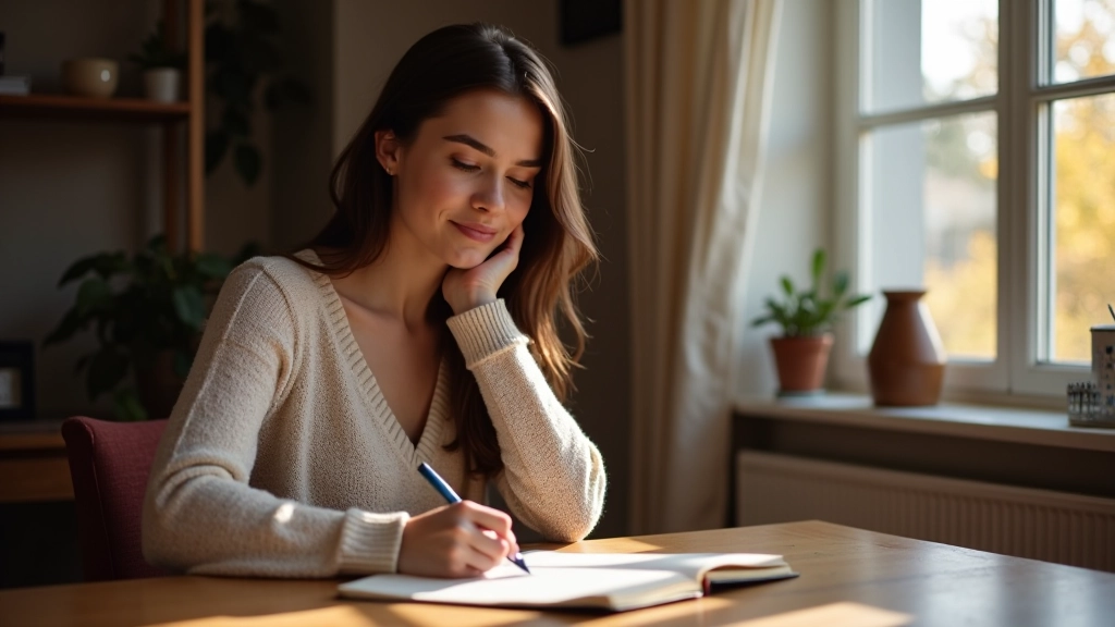 Person sitzt nachdenklich mit Notizbuch und überlegt ihre Werte und Ziele