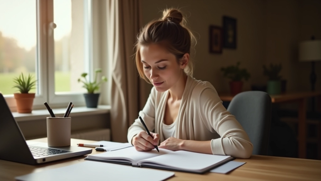 Frau schreibt konzentriert in großes Notizbuch an Holztisch, Fenster im Hintergrund, warm beleuchtetes Zimmer, Kaffee steht daneben