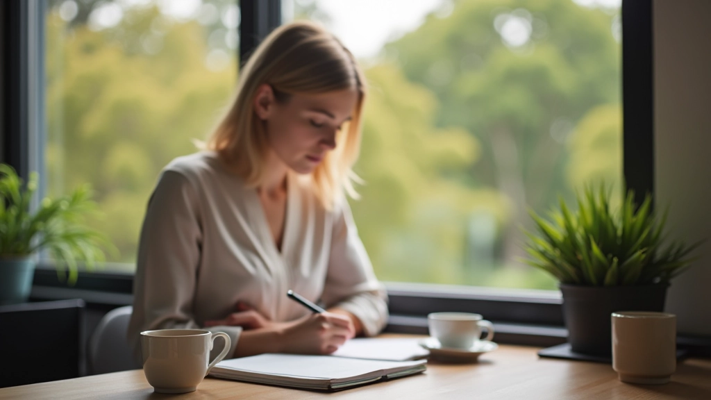 Person schreibt in Tagebuch am Fenster mit Notizbuch und Kaffee auf dem Tisch